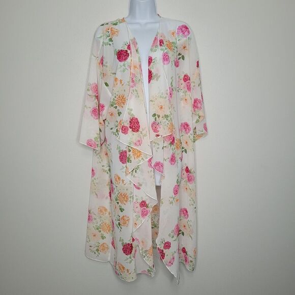 Light floral airy feminine romantic open front kimono cover up size large - Picture 1 of 7